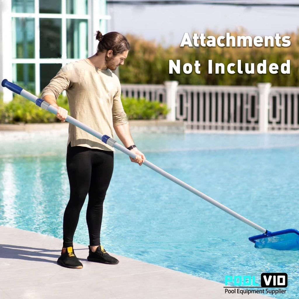 Telescopic pool pole held by person with blue handle