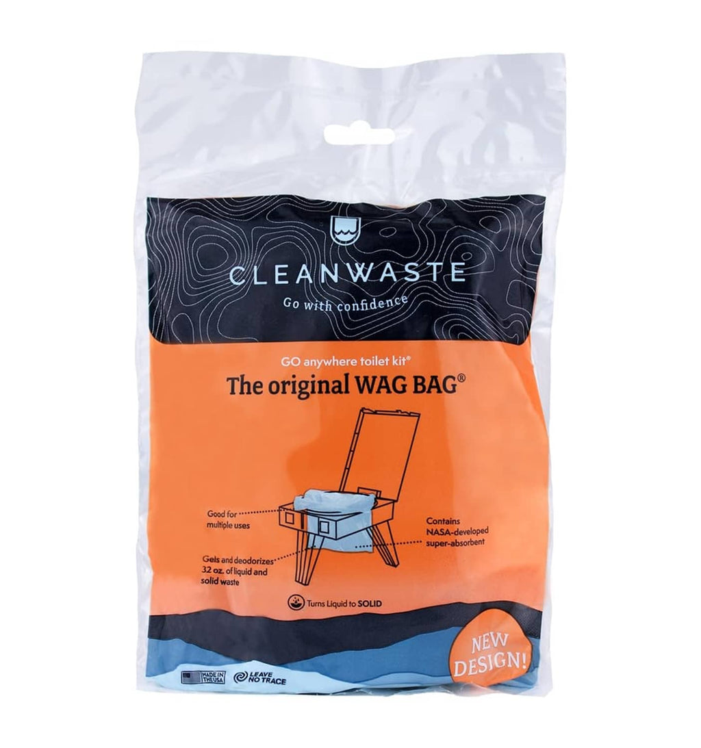 Cleanwaste Original WAG Bag toilet kit package with blue and orange design