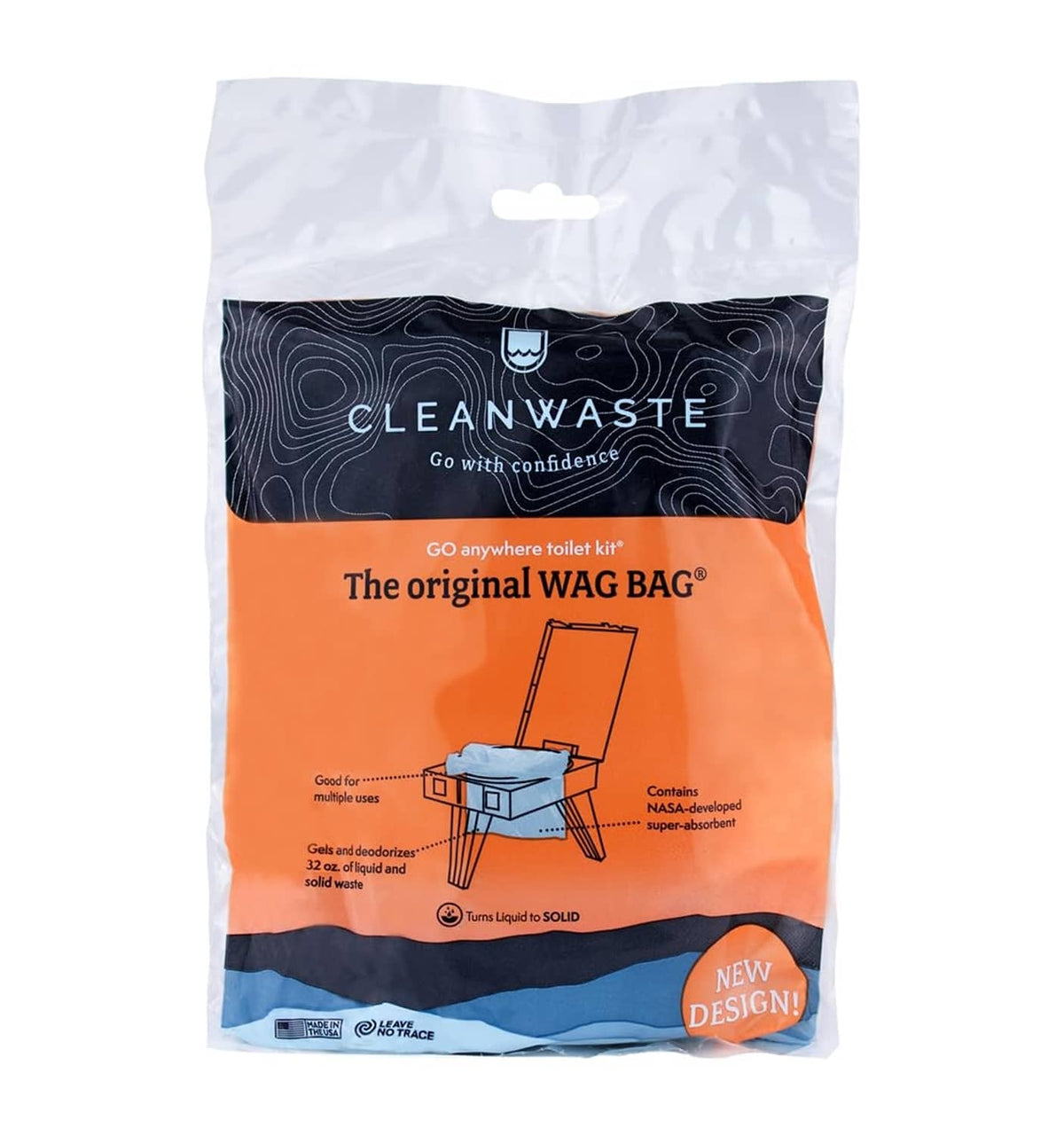 Cleanwaste Original WAG Bag toilet kit package with blue and orange design