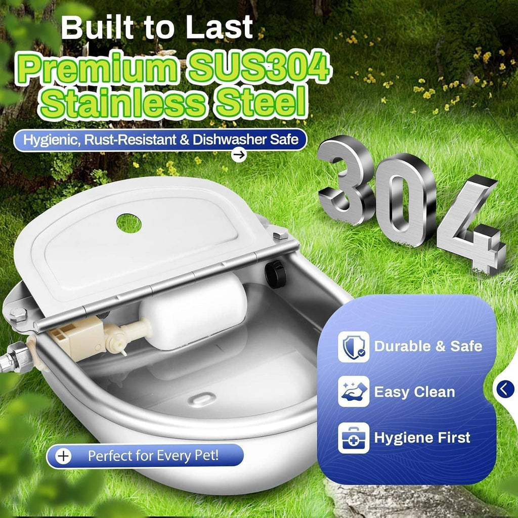 Stainless steel automatic drinking bowl with white top and float valve, durable metal construction