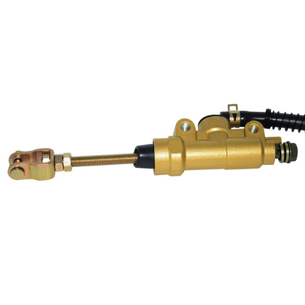 Gold rear foot brake master cylinder pump with mounting clevis and black hose