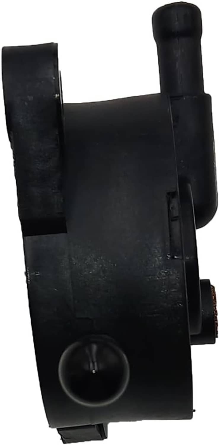 Black fuel pump housing with hose nipples and mounting bracket