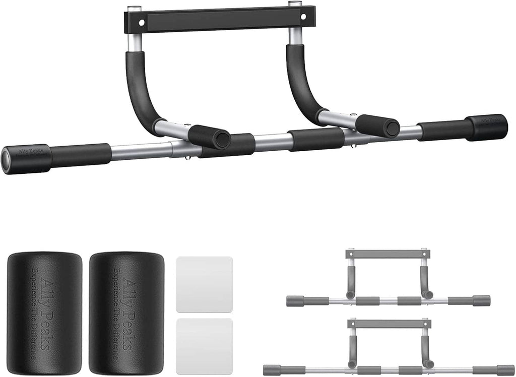 Doorway pull up bar set with foam grips, curved supports, and included protective pads