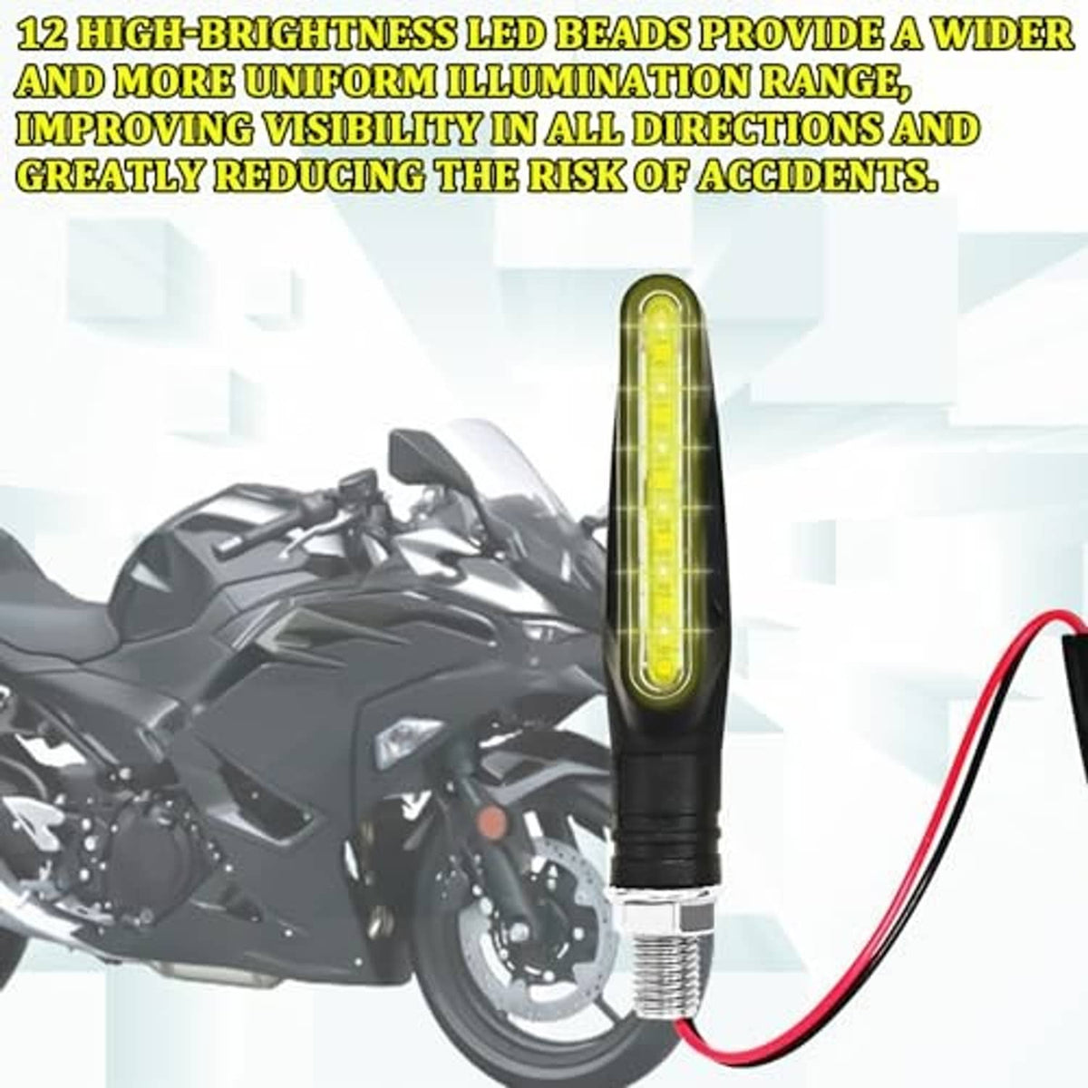 Motorcycle LED turn signal on bike, yellow lens, black housing, threaded base and red wire