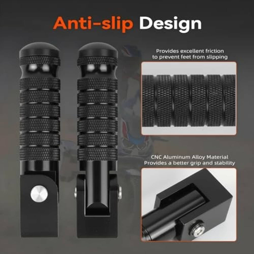 Black textured motorcycle foot peg with anti-slip grip pattern and rubber base