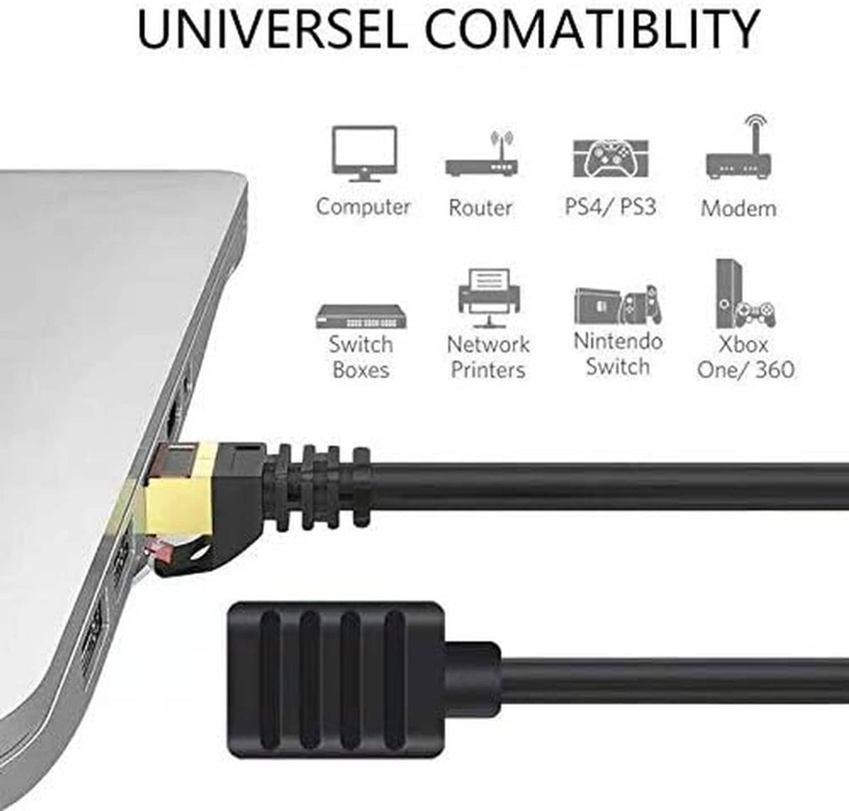 Shielded Cat7 Ethernet extension cable with RJ45 plug and black connector housing