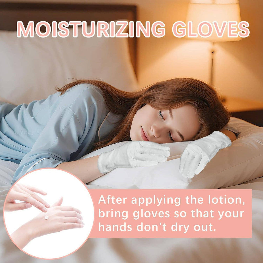 White cotton sleep gloves on a sleeping person, long wrist coverage