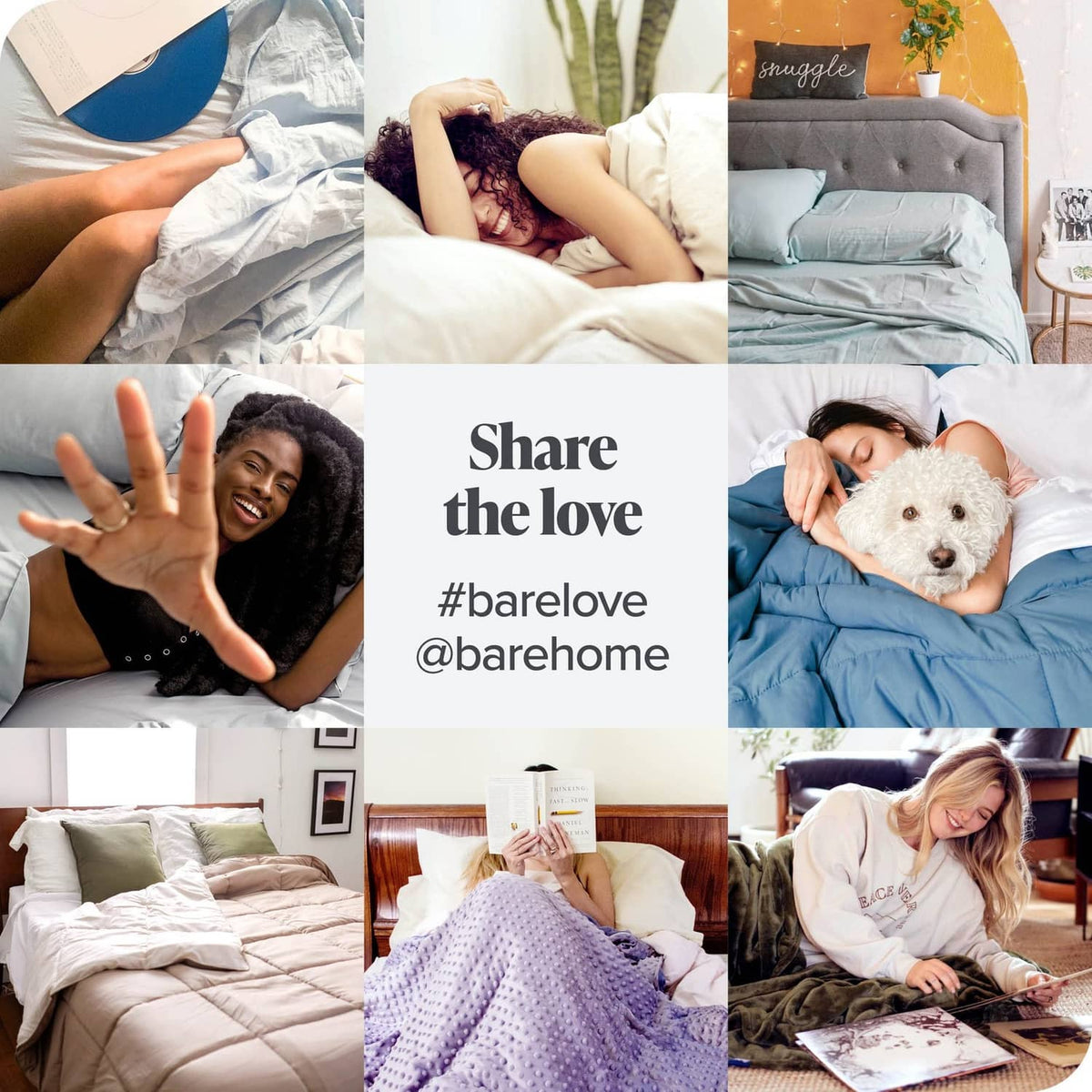 Bedding lifestyle collage featuring light grey sheets in multiple room scenes