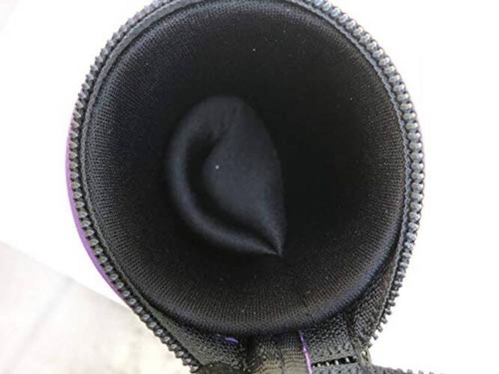 Black interior cue case lining with purple trim and stitched zipper edge