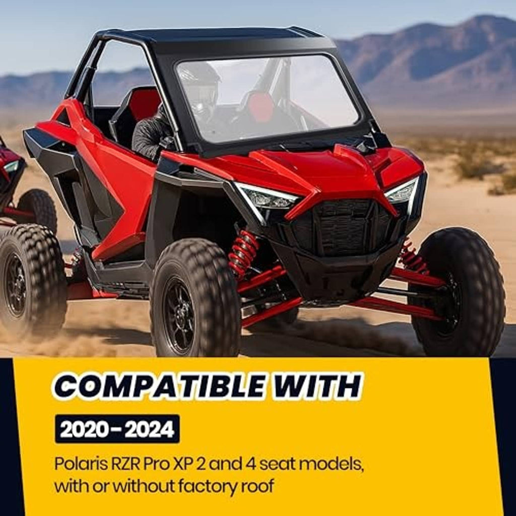 Front full glass windshield installed on red off-road UTV, clear transparent panel
