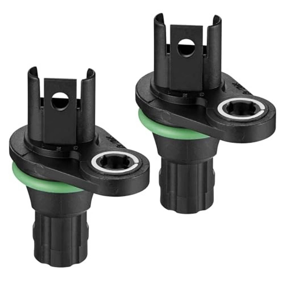Two black camshaft position sensors with green O-ring seals and mounting bracket tabs