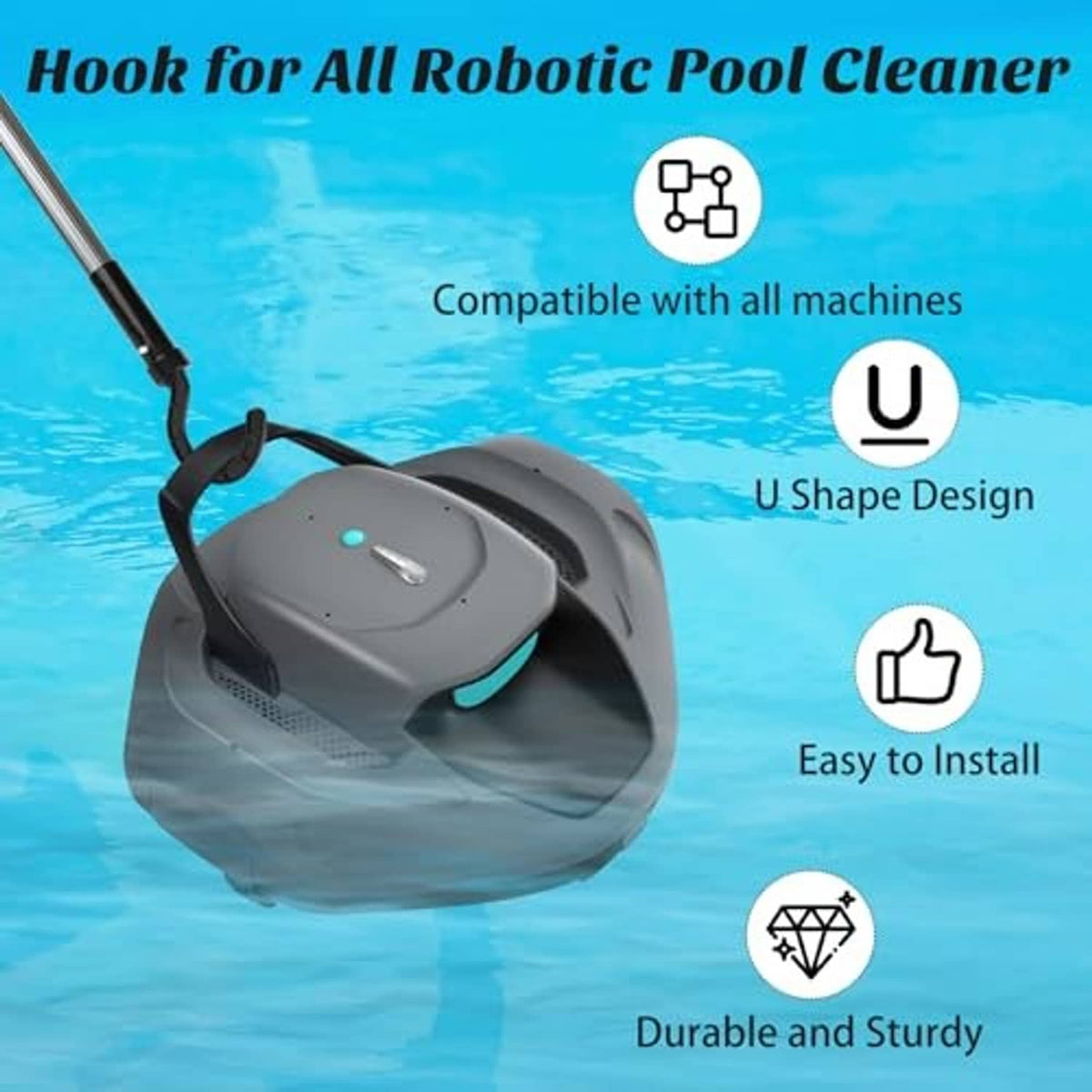 Black pool cleaner hook attached to a long handle near a robotic pool cleaner