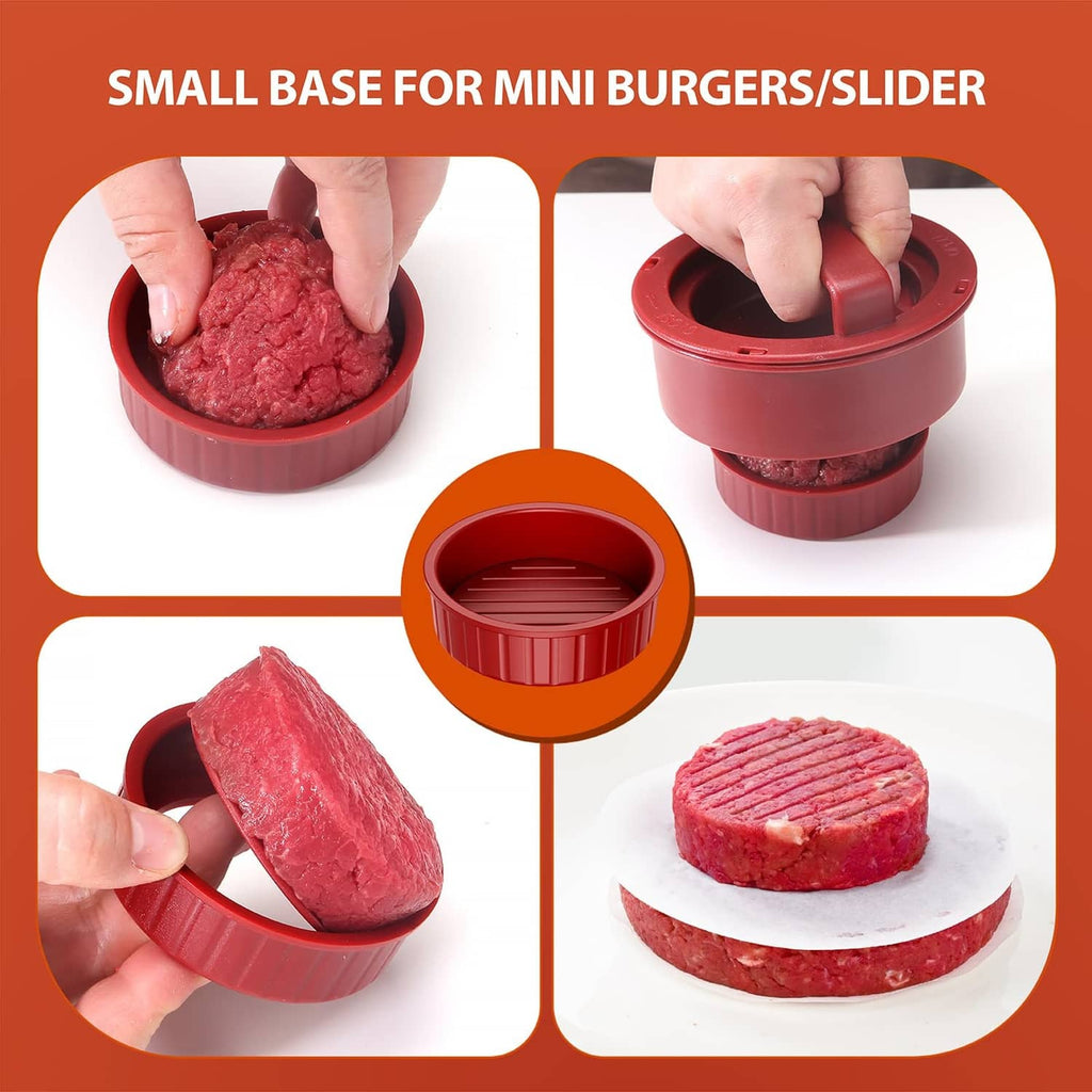 Red mini burger slider press mold with hands pressing raw patty into base