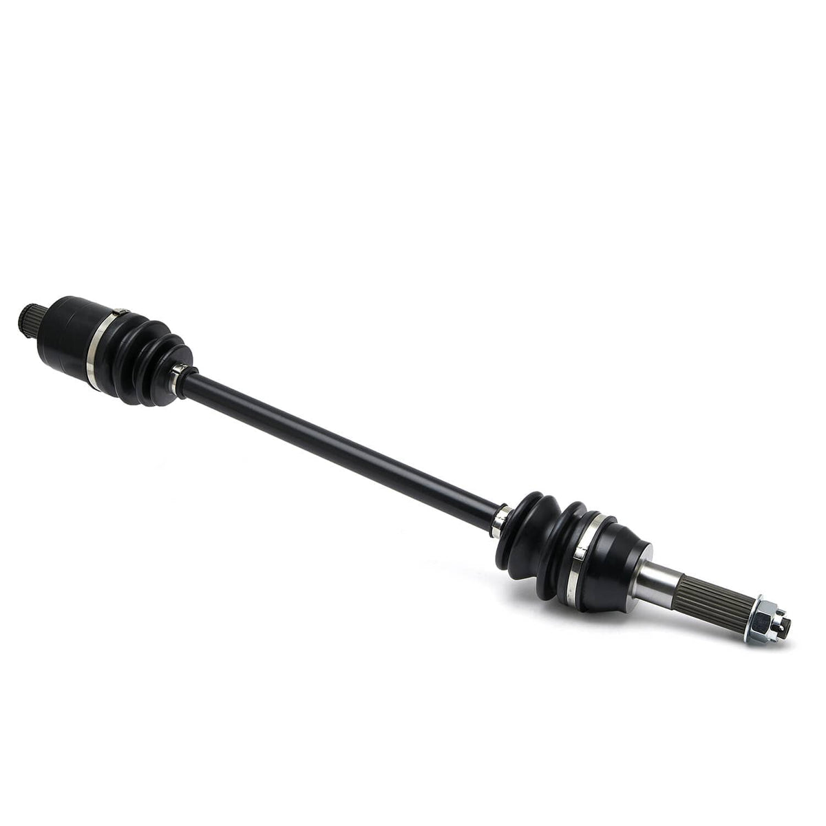 Single rear CV axle drive shaft with black boot and silver ribbed spline end