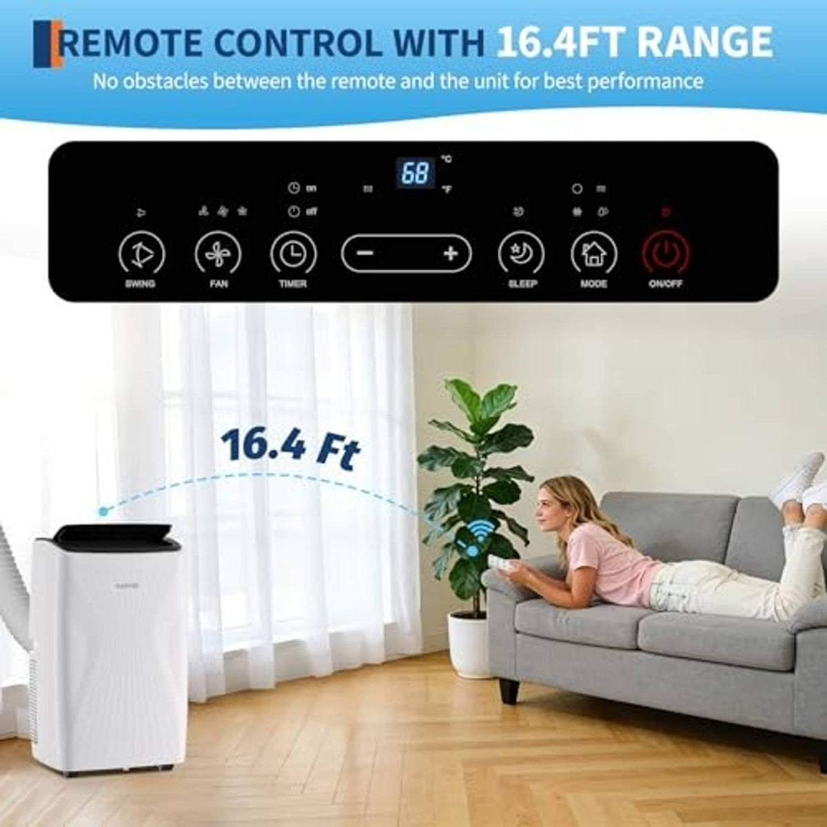 White portable air conditioner with front digital control panel and blue top outlet.
