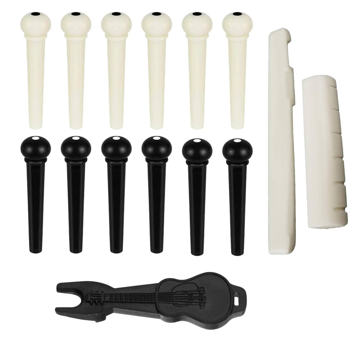 12-piece set of white and black acoustic guitar bridge pins with string lifter