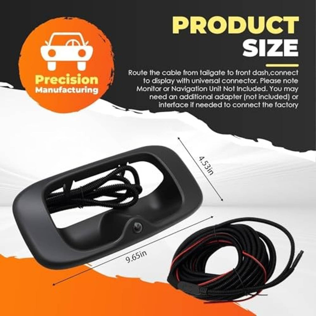 Tailgate handle camera with coiled wiring harness shown with product size dimensions