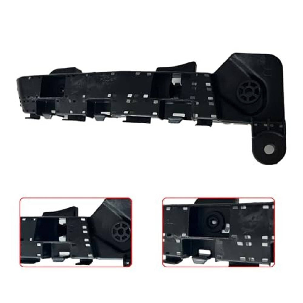 Long black front bumper bracket assembly with end cap, circular opening, and mounting points
