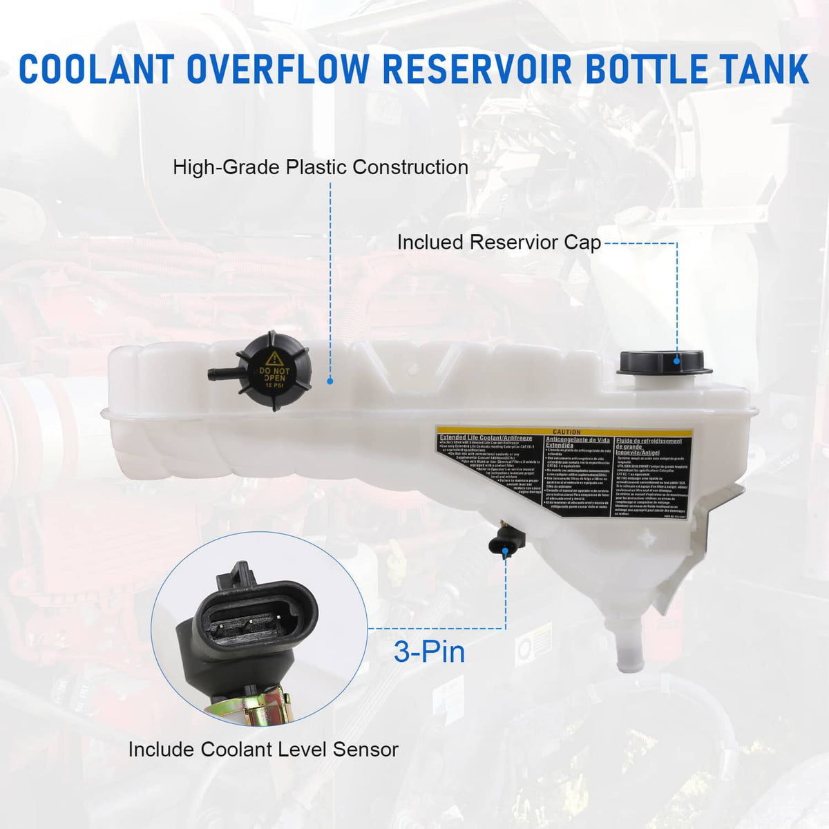 Coolant overflow reservoir tank with black cap, label panel, and included coolant level sensor