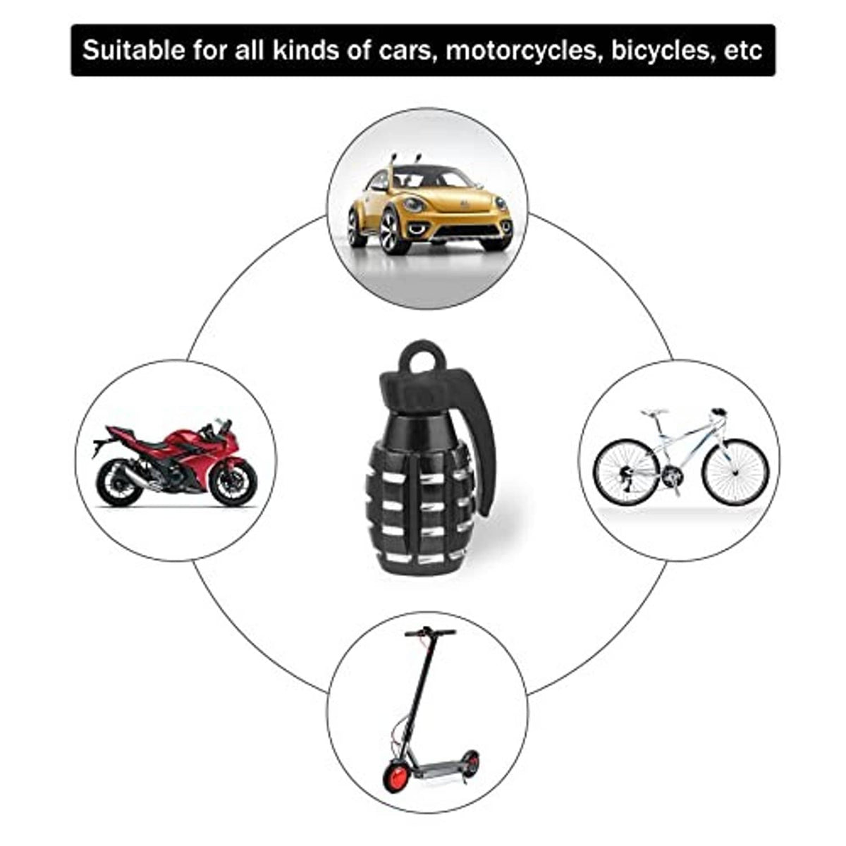Black grenade-style tire valve stem caps set for cars, motorcycles, and bicycles