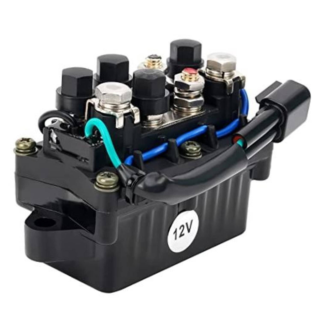 12V outboard relay assembly with black housing, blue wire, and terminal posts
