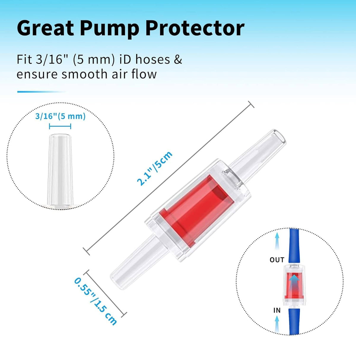 Inline aquarium air pump protector valve with clear housing and red flow core