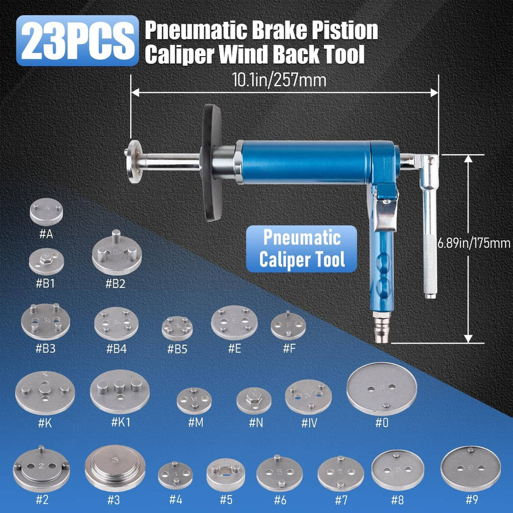 Pneumatic brake caliper wind-back tool with multiple round adapter discs in blue base