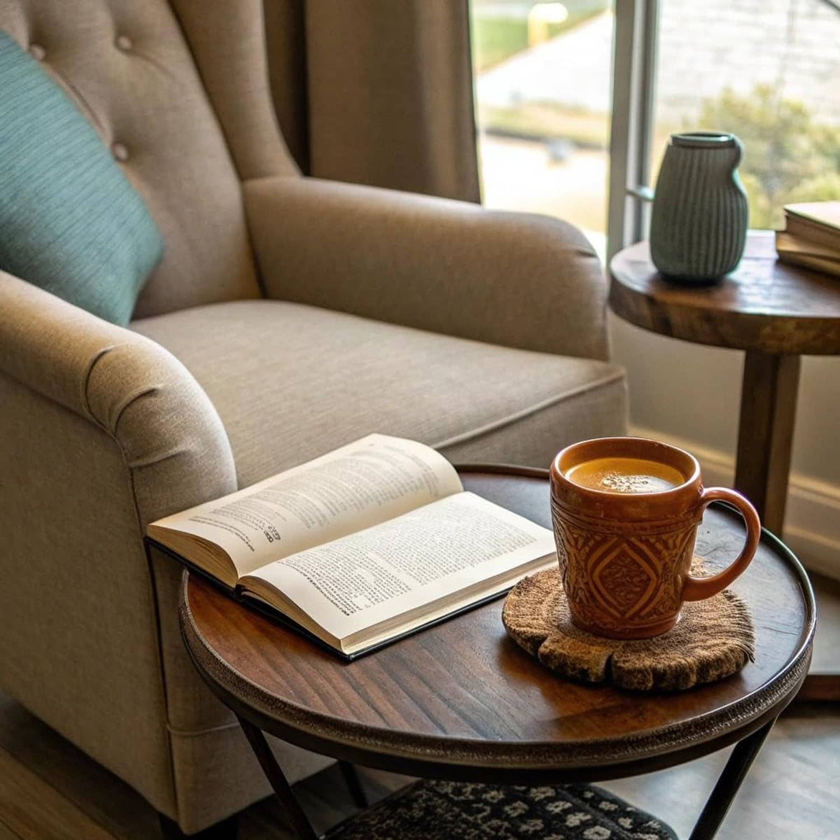Caramel coffee in a ceramic mug on a wooden table beside an open book