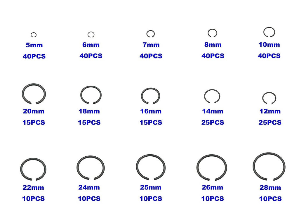 Assorted round wire C-clips external retaining rings in mixed sizes, dark finish