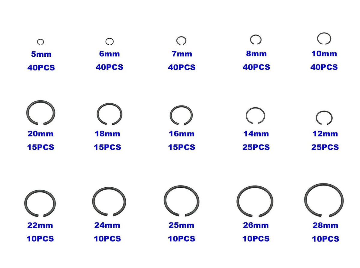 Assorted round wire C-clips external retaining rings in mixed sizes, dark finish