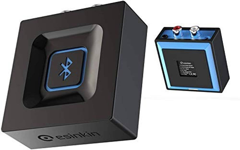 Bluetooth audio adapter close-up with blue Bluetooth icon and RCA input jacks