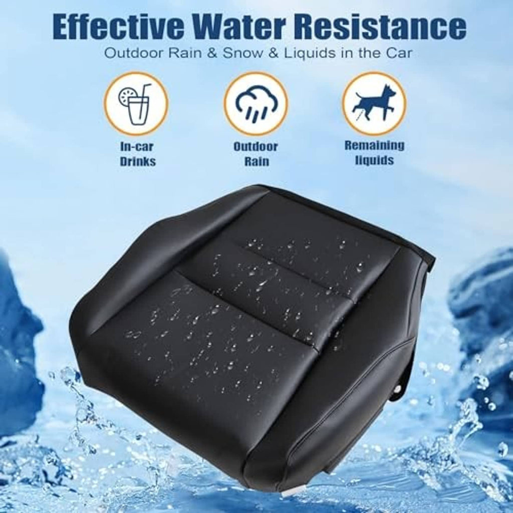 Black leather-look seat bottom replacement cover with water droplets on the surface