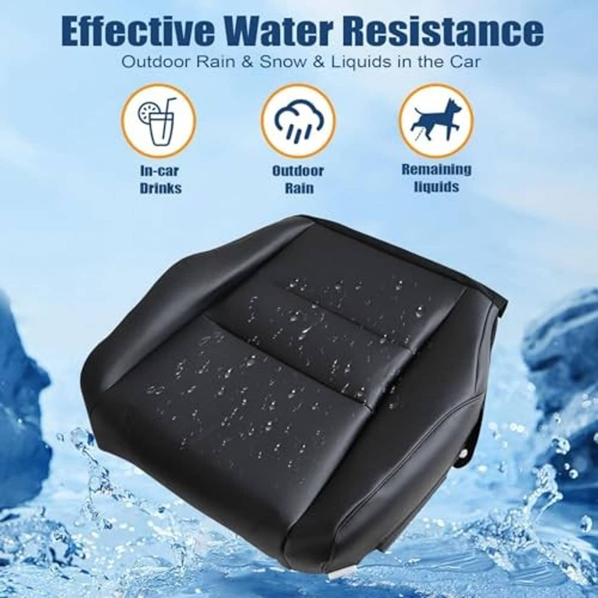 Black leather-look seat bottom replacement cover with water droplets on the surface