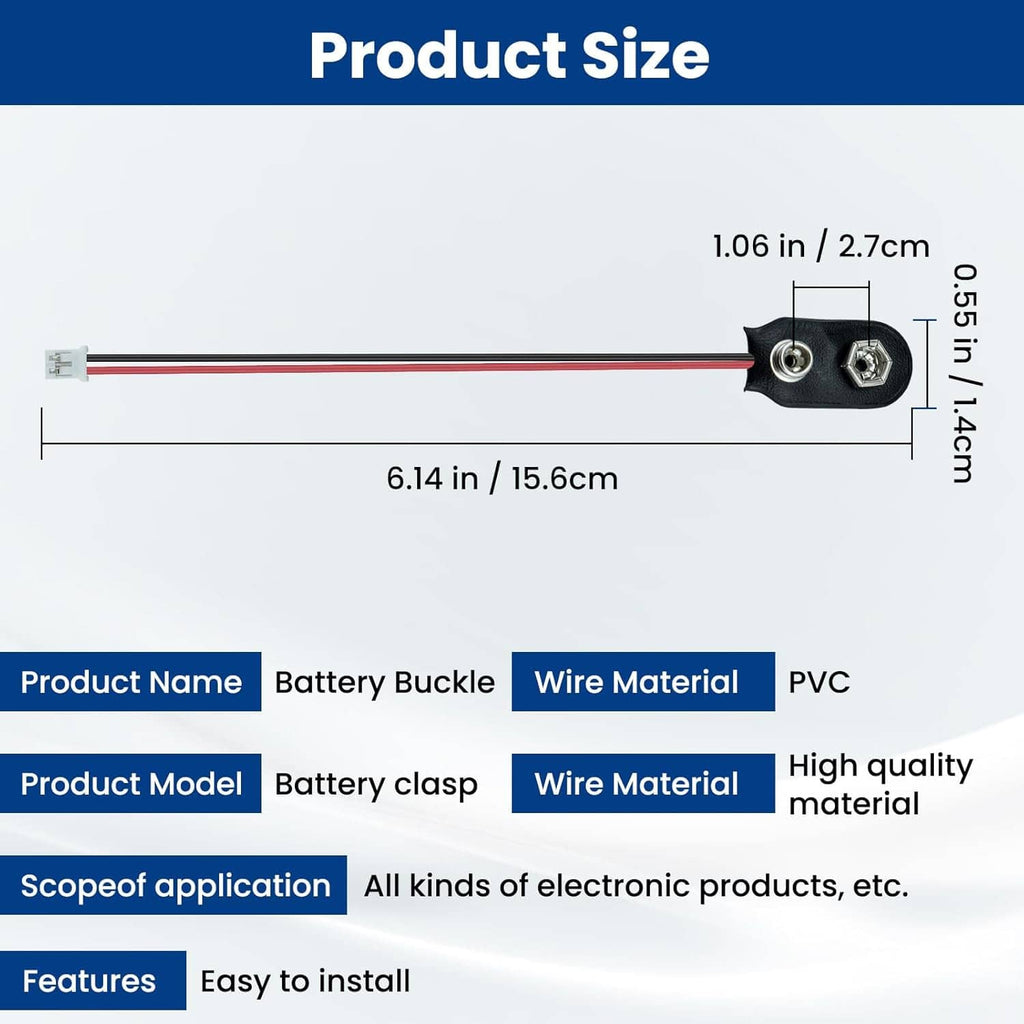 PH2.0 2-pin battery connector cable with black 9V snap holder and red/black wires