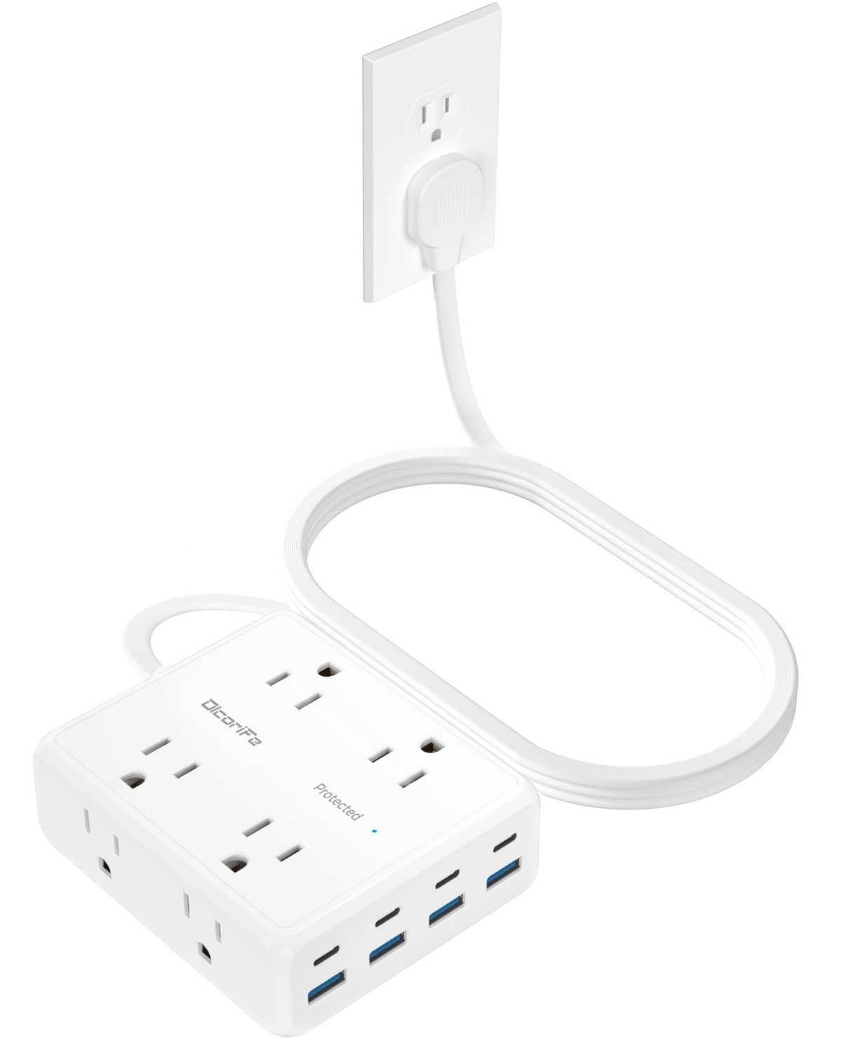 White flat plug power strip with extension cord and multiple AC outlets.