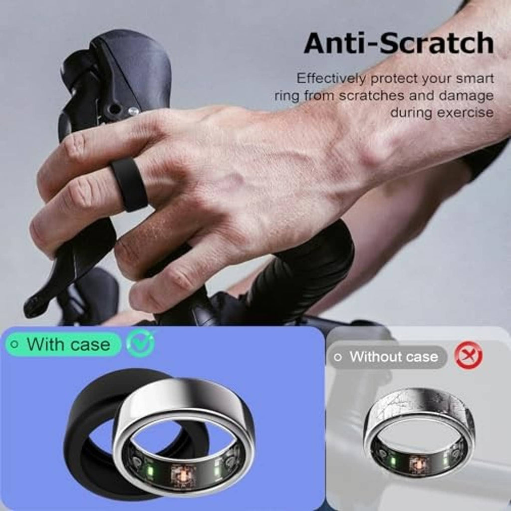 Black silicone ring cover for scratch protection, worn on a hand during exercise