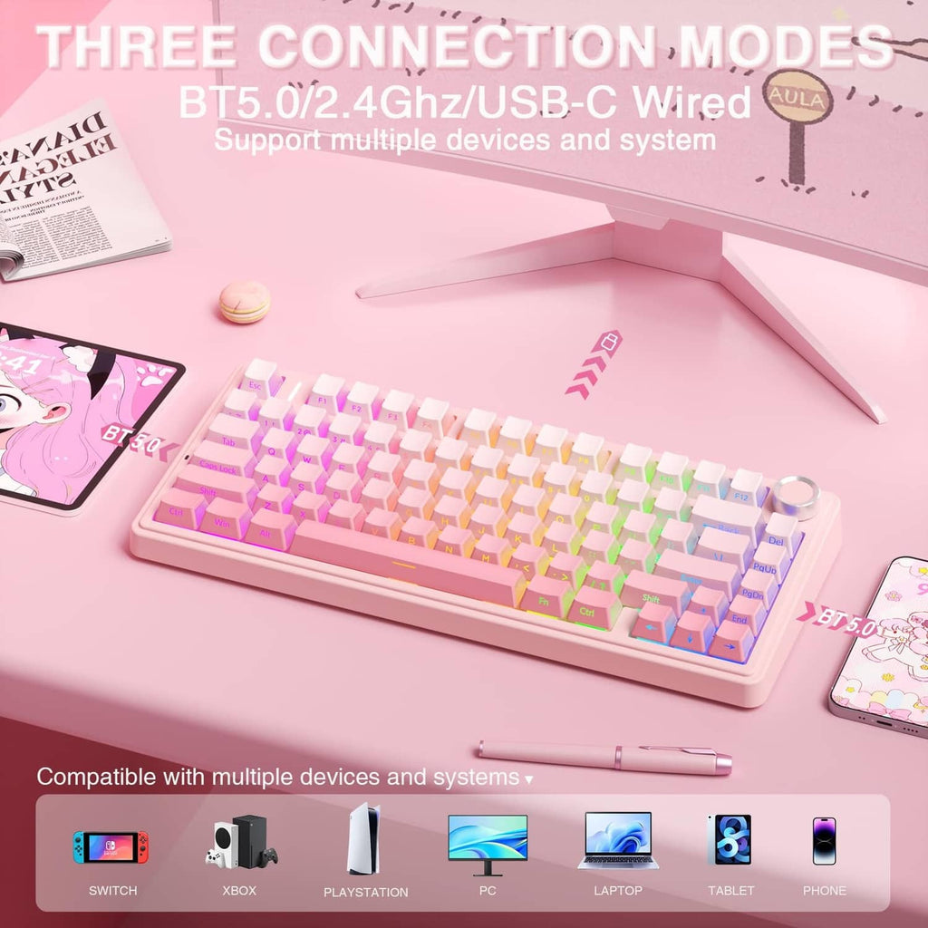 Pink mechanical keyboard with RGB keycaps, angled view, and right-side control knob