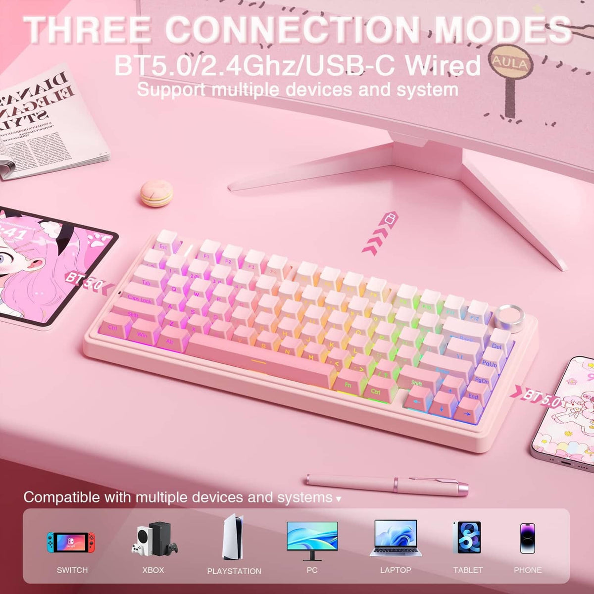 Pink mechanical keyboard with RGB keycaps, angled view, and right-side control knob