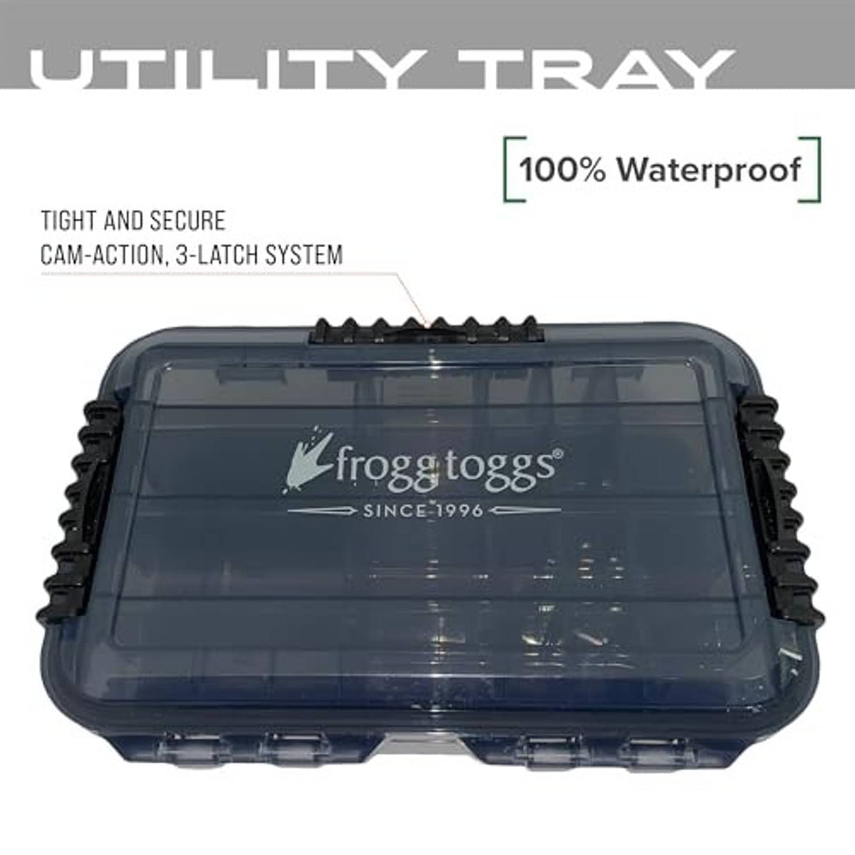 Dark waterproof tackle utility box with clear lid