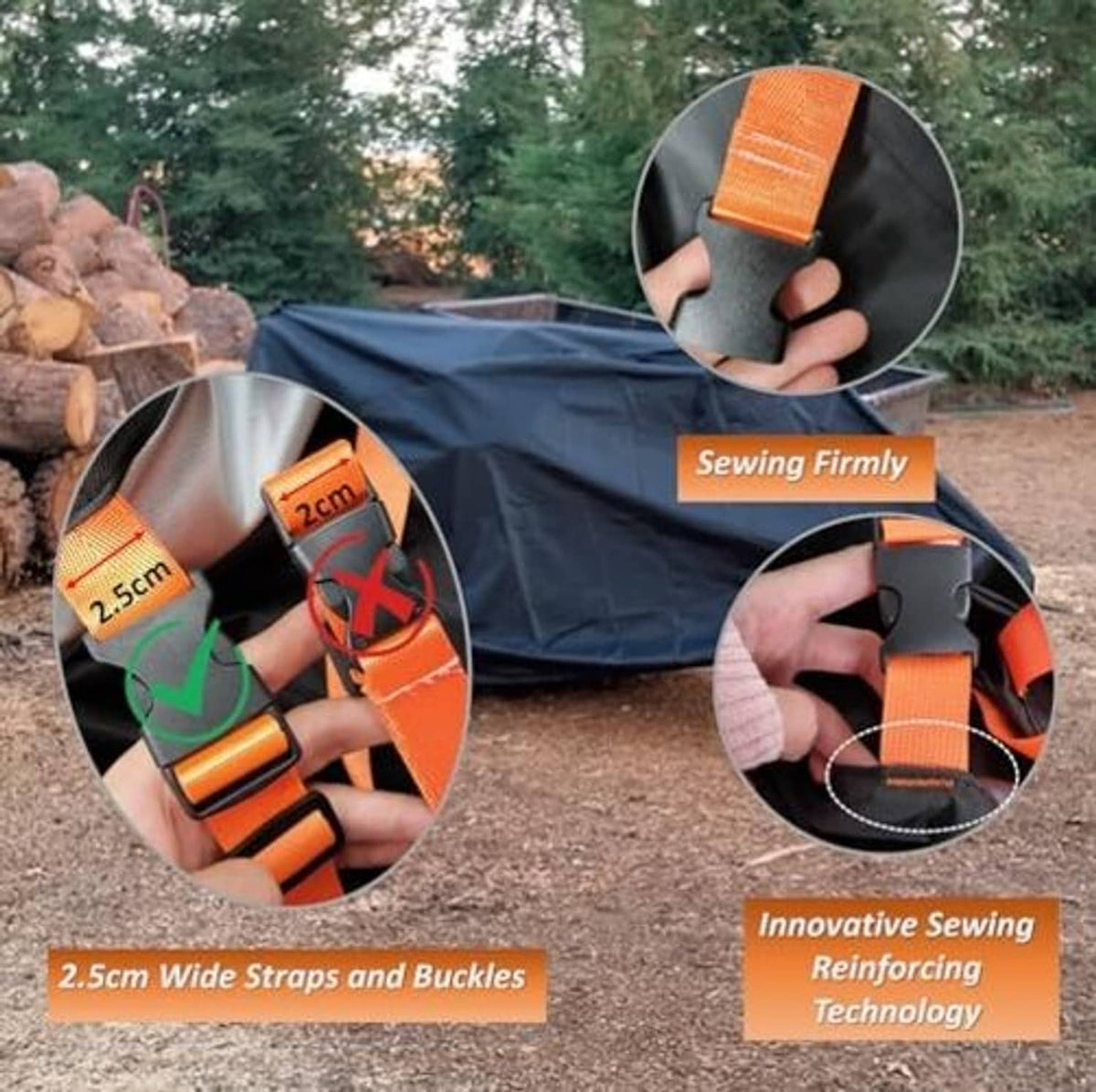 Black cover with orange straps and buckles, reinforced stitching for secure fastening