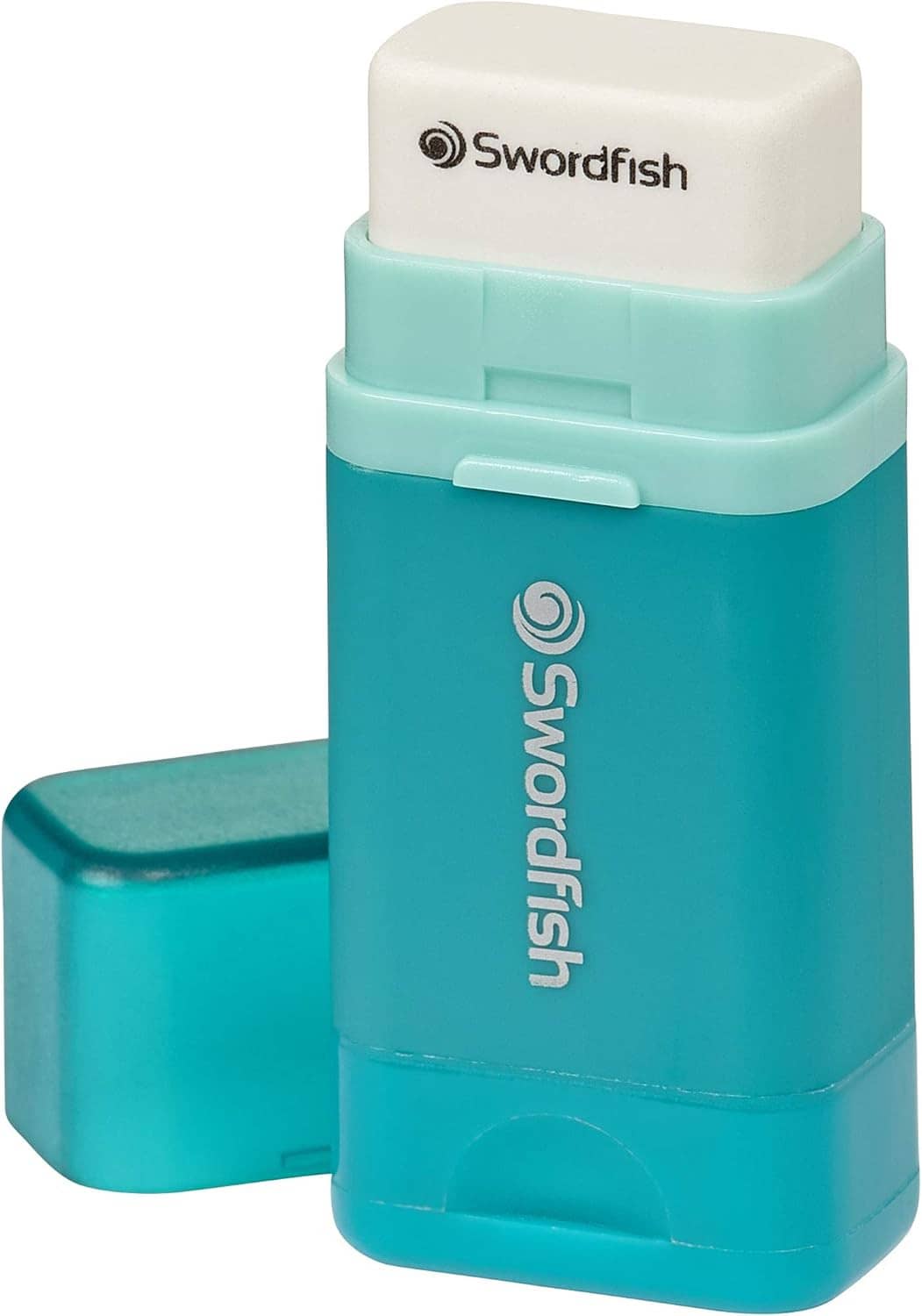 Turquoise Swordfish pencil sharpener with mess-free canister and exposed eraser tray