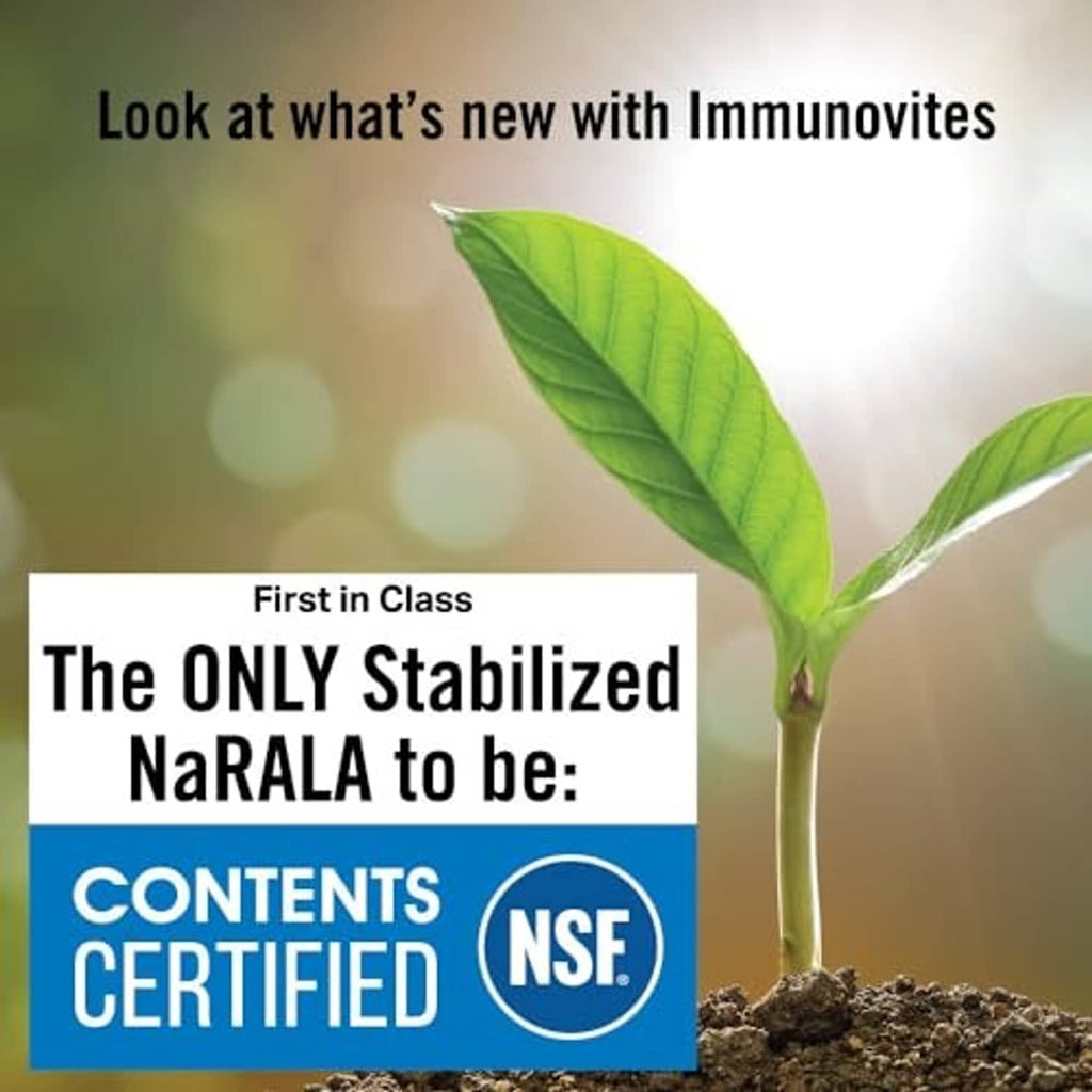 Promotional panel for stabilized NaR-Alpha lipoic acid, contents certified NSF badge