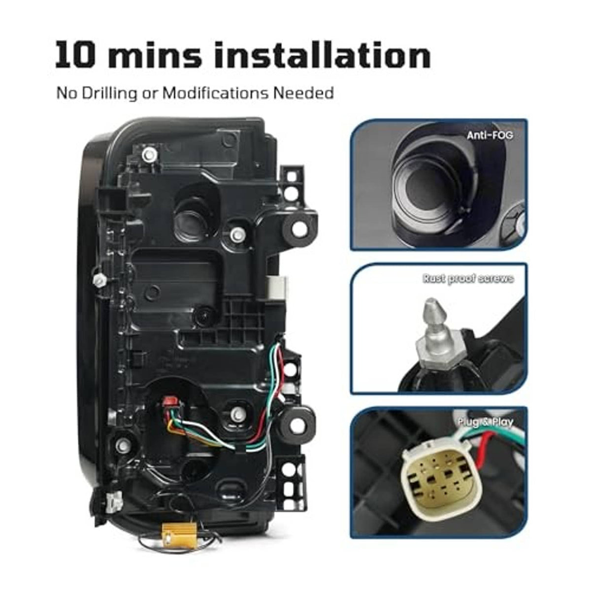 LED tail light assembly with wiring harness and mounting brackets for installation