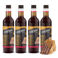 DaVinci Gourmet chocolate cake syrup, four dark bottles with label and cake slice