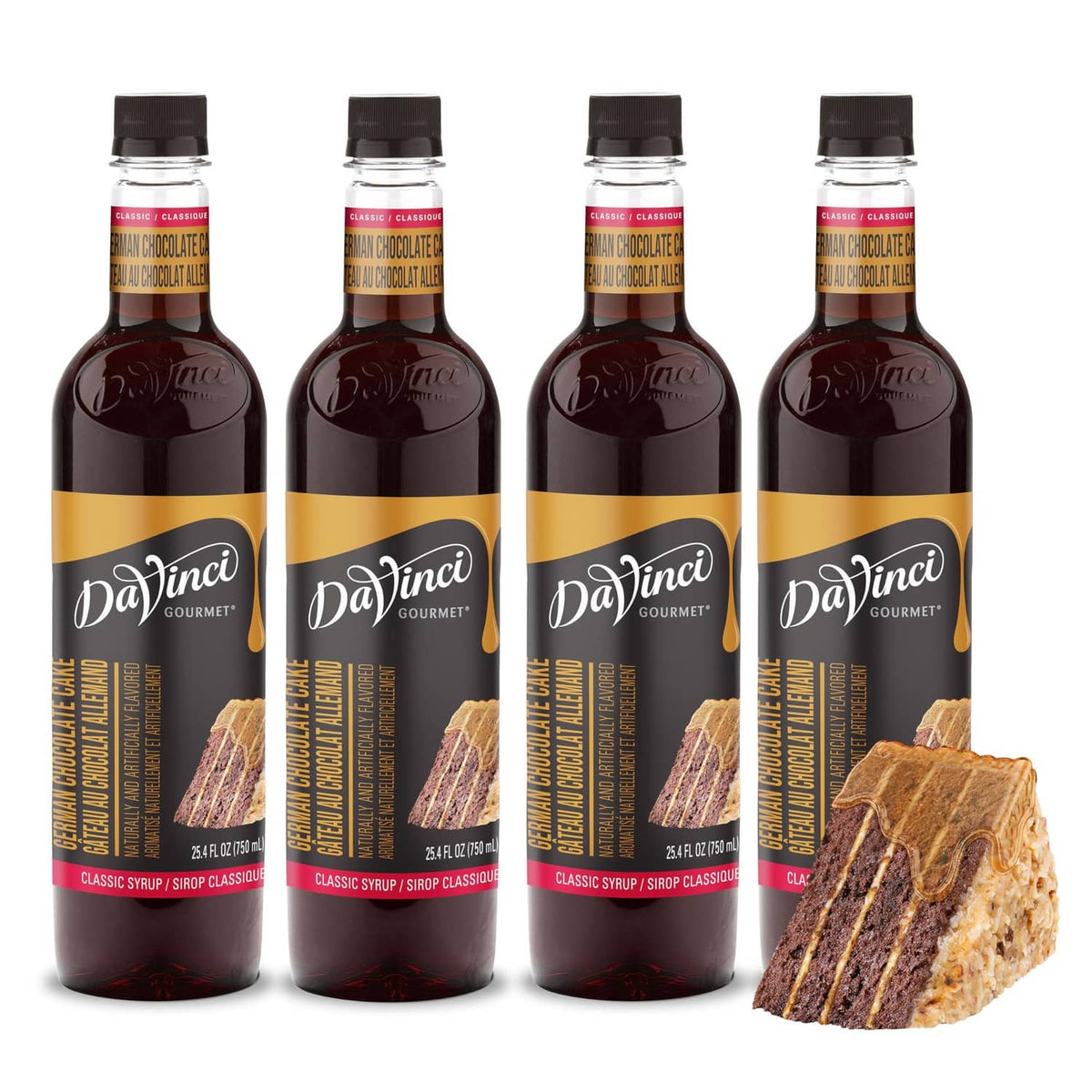 DaVinci Gourmet chocolate cake syrup, four dark bottles with label and cake slice