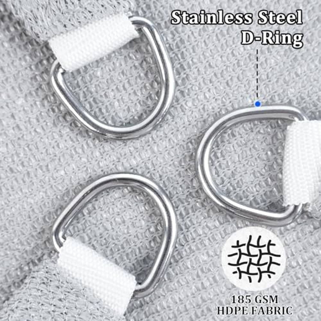 White shade sail corner with stainless steel D-ring attachment and woven edge