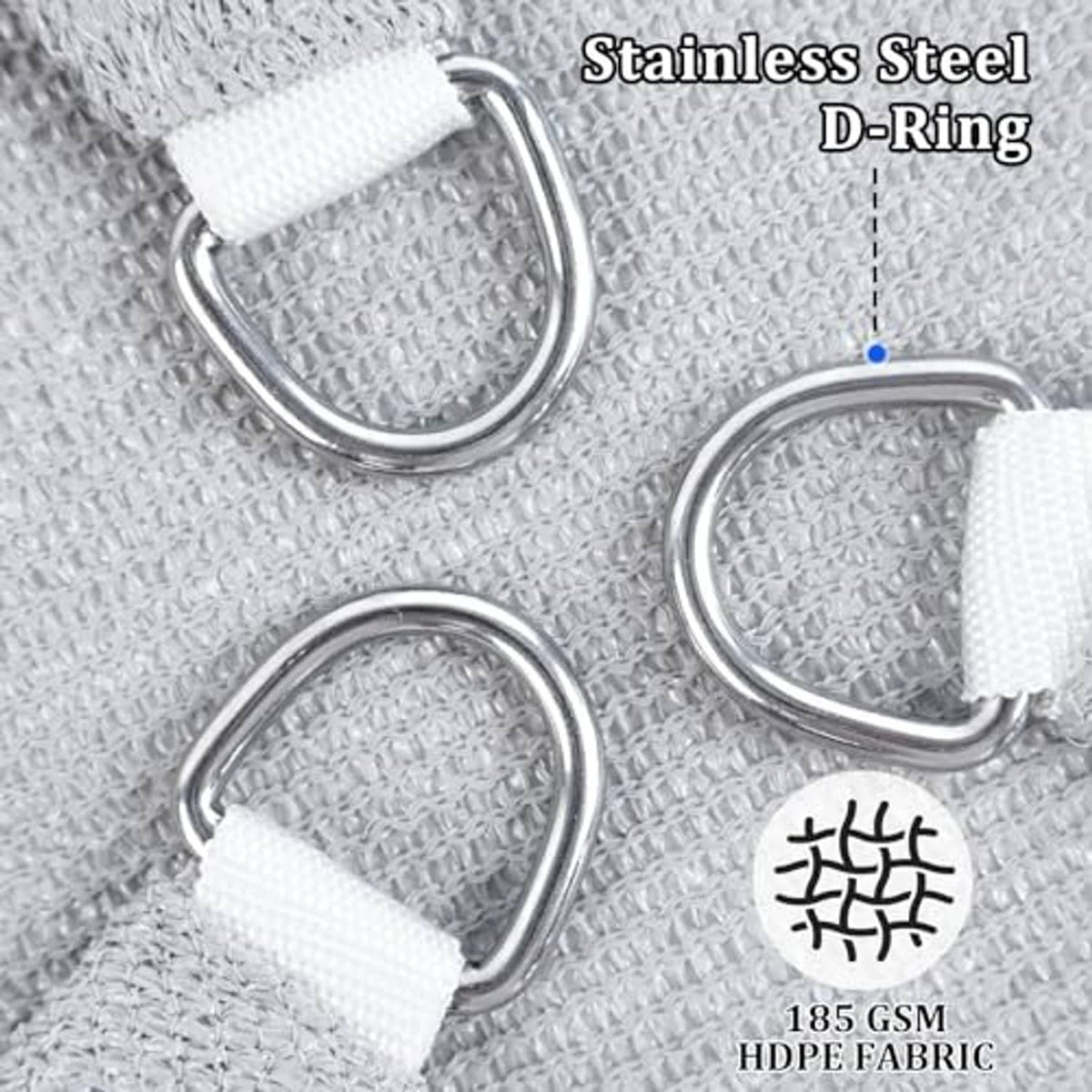 White shade sail corner with stainless steel D-ring attachment and woven edge