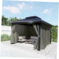 Olive-green gazebo privacy curtain panels with tie straps and draped side coverage