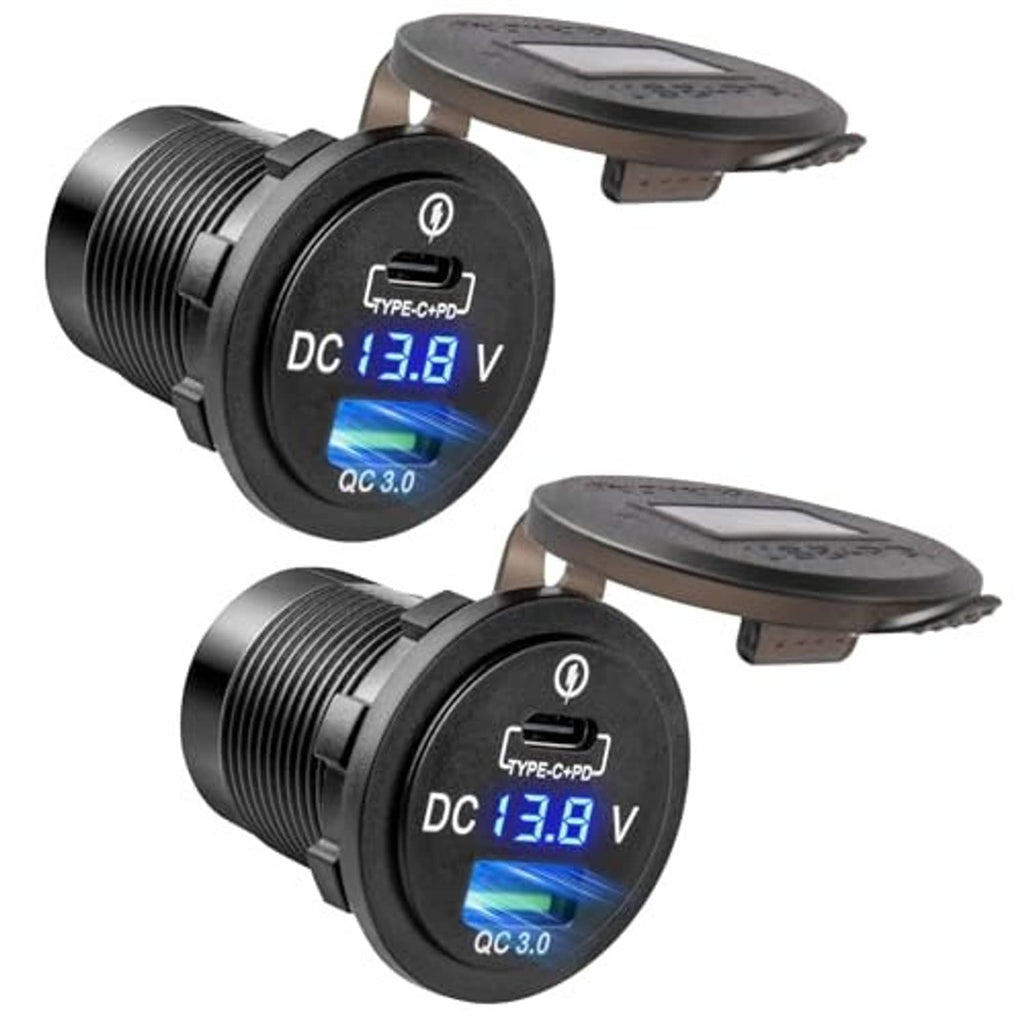 Two-pack car USB charger sockets with round LED display showing DC 13.8V