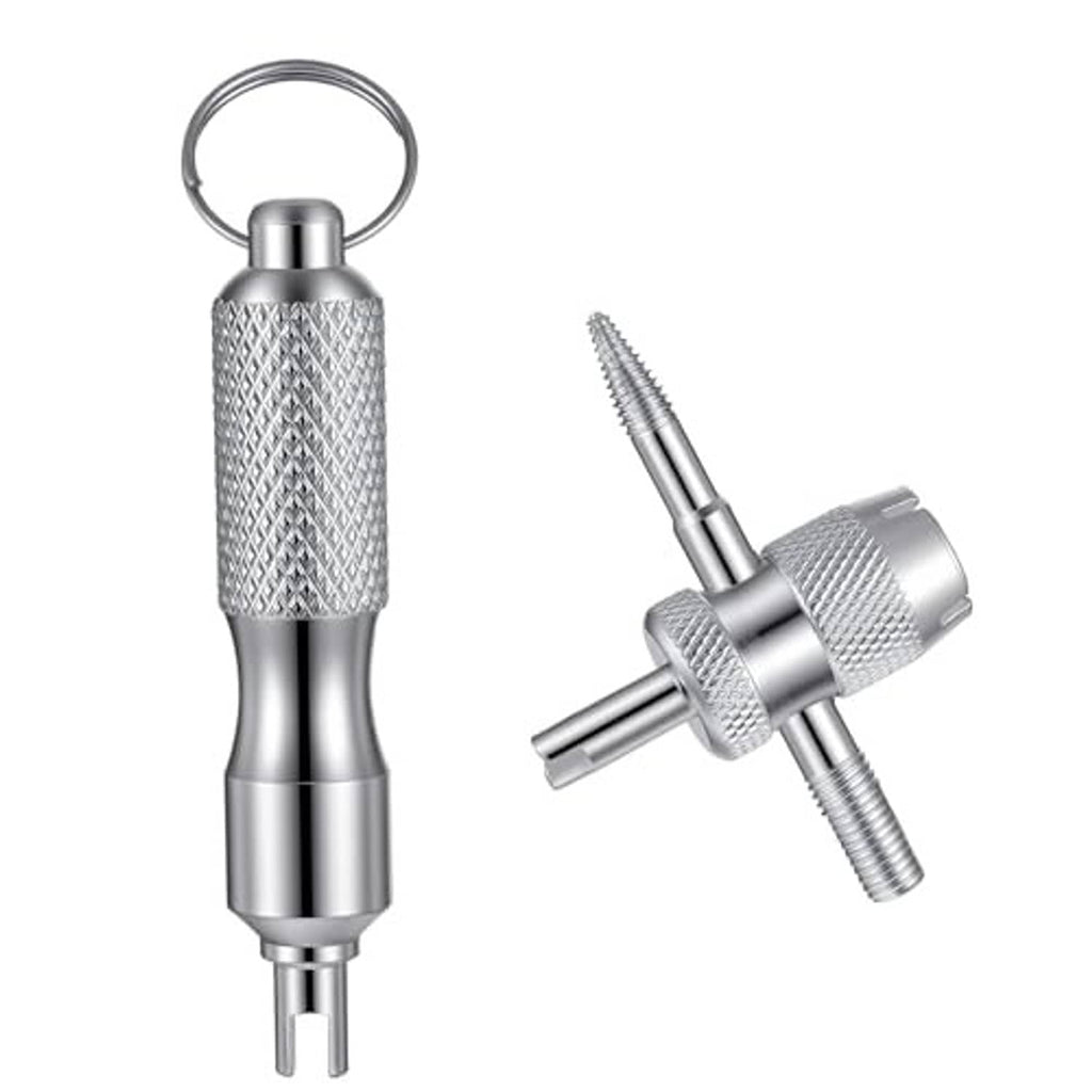 Silver valve stem tool keychain with key ring and separate threaded removal tool